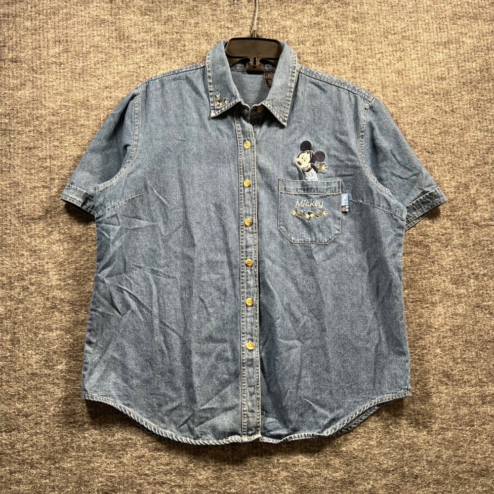 Disney Mickey Mouse Denim Button Down Shirt Blue Embroidered Short Sleeve Large